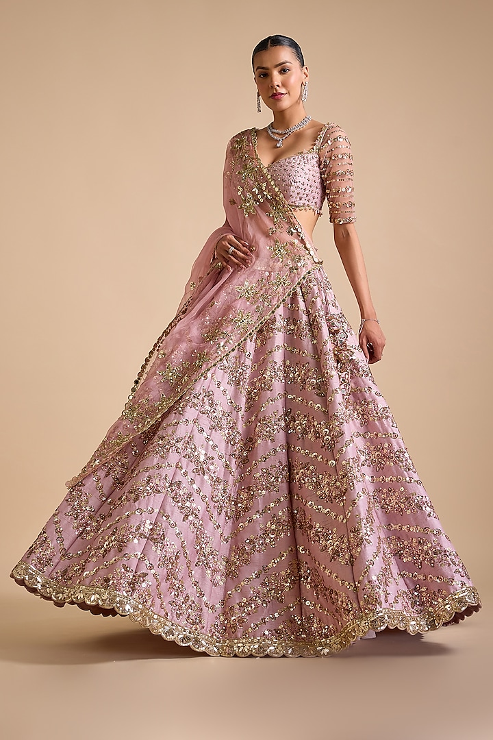 Soft Pink Net Sequins Embroidered Lehenga Set by Prevasu