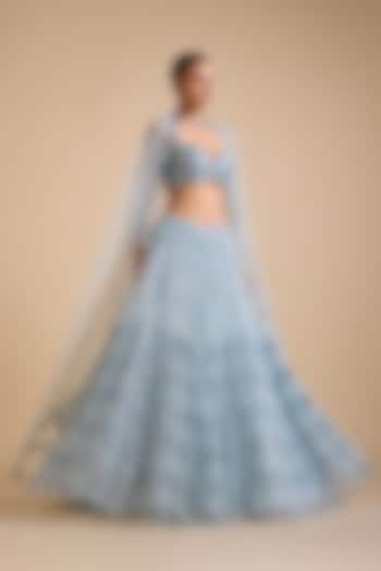 Icy Blue Tulle Embroidered Wedding Lehenga Set by Prevasu at Pernia's Pop Up Shop