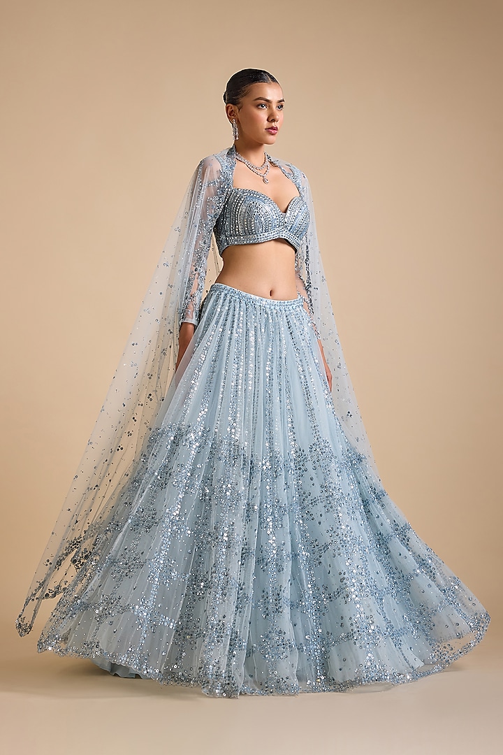 Icy Blue Tulle Embroidered Wedding Lehenga Set by Prevasu at Pernia's Pop Up Shop