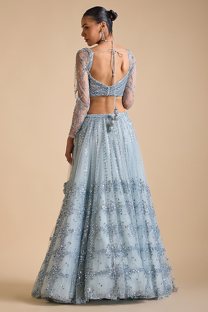 Icy Blue Tulle Embroidered Bridal Lehenga Set by Prevasu at Pernia's Pop Up Shop