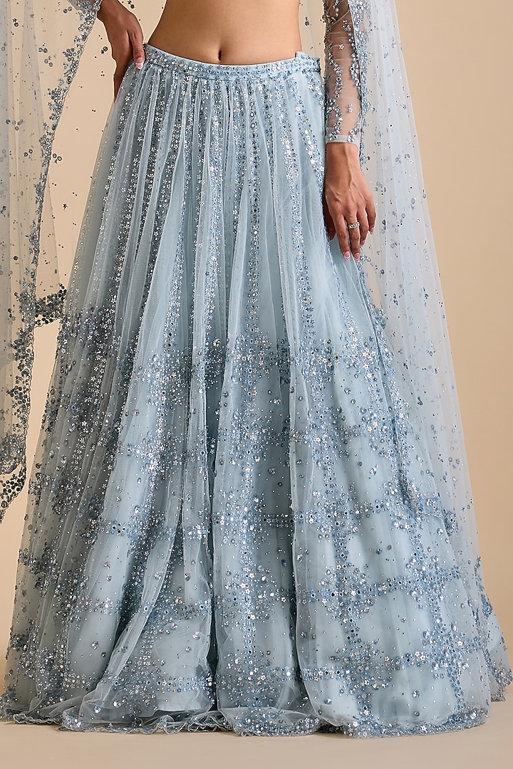 Icy Blue Tulle Embroidered Bridal Lehenga Set by Prevasu at Pernia's Pop Up Shop
