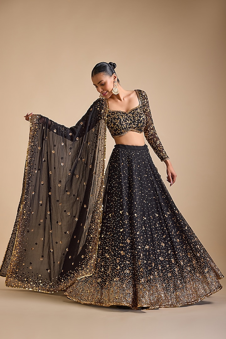 Black Georgette Sequins Embroidered Wedding Lehenga Set by Prevasu at Pernia's Pop Up Shop