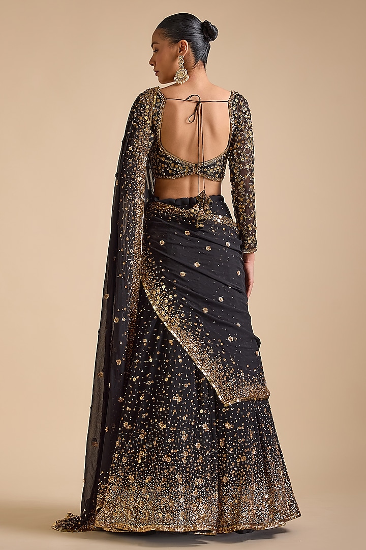 Black Georgette Sequins Embroidered Wedding Lehenga Set by Prevasu at Pernia's Pop Up Shop