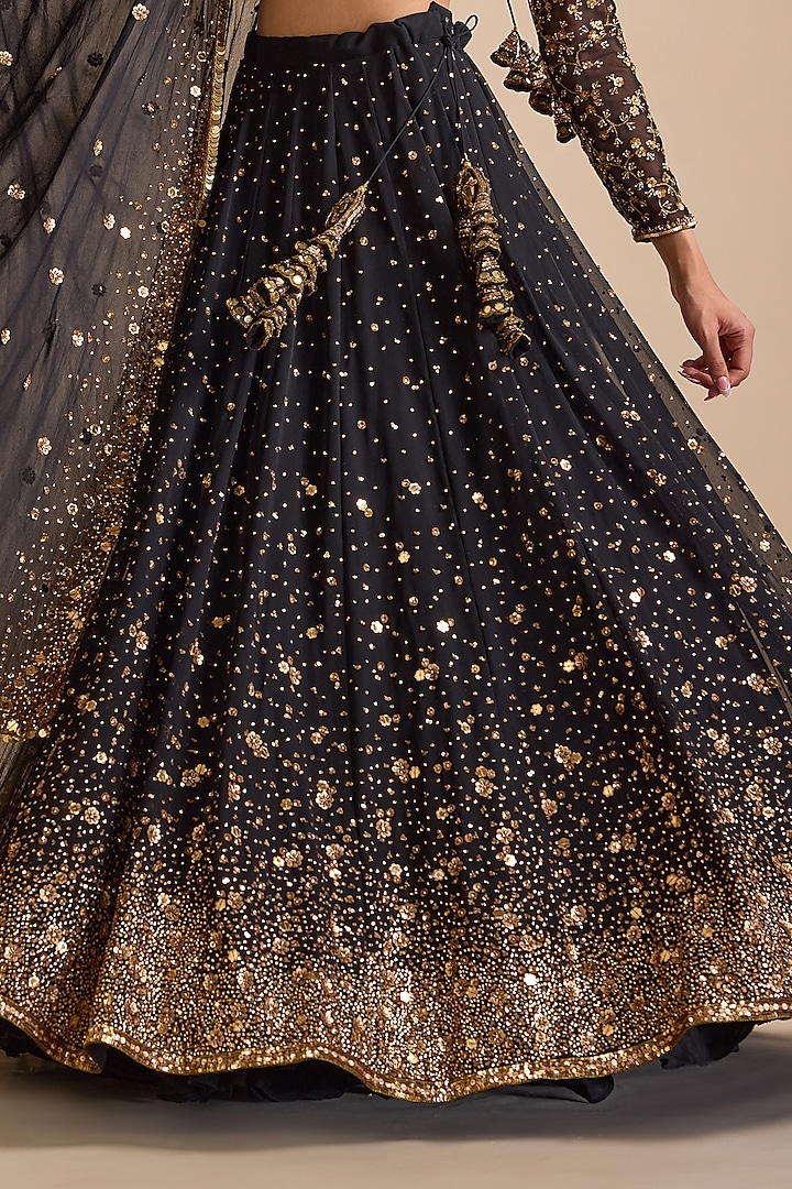 Black Georgette Sequins Embroidered Wedding Lehenga Set by Prevasu at Pernia's Pop Up Shop