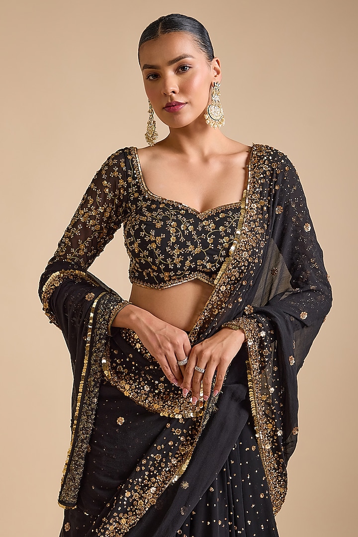 Black Georgette Sequins Embroidered Wedding Lehenga Set by Prevasu at Pernia's Pop Up Shop
