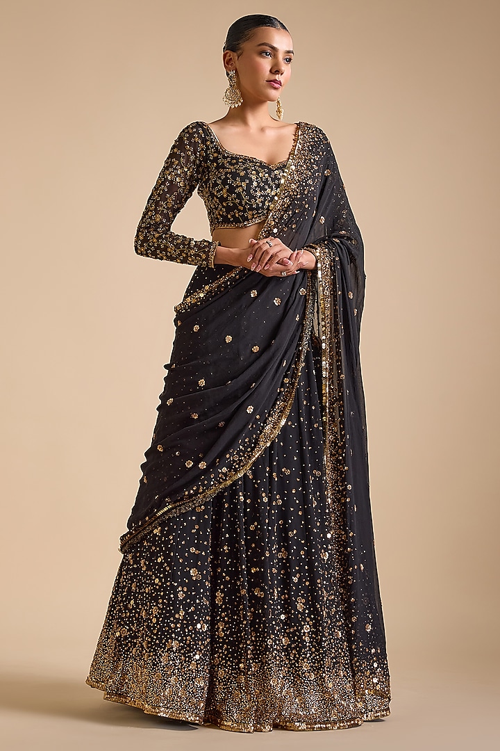 Black Georgette Sequins Embroidered Wedding Lehenga Set by Prevasu at Pernia's Pop Up Shop