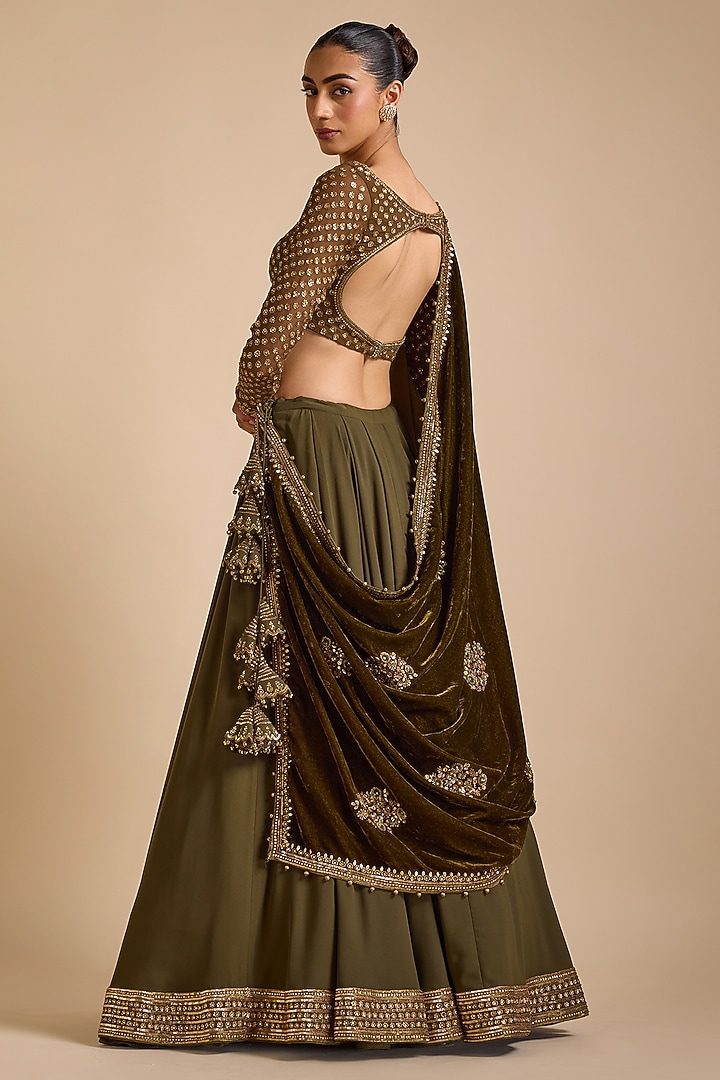 Olive Green Georgette Embellished Wedding Lehenga Set by Prevasu at Pernia's Pop Up Shop
