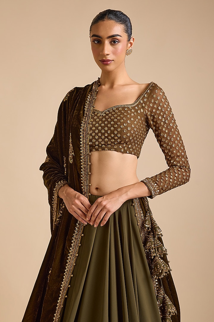 Olive Green Georgette Embellished Wedding Lehenga Set by Prevasu at Pernia's Pop Up Shop