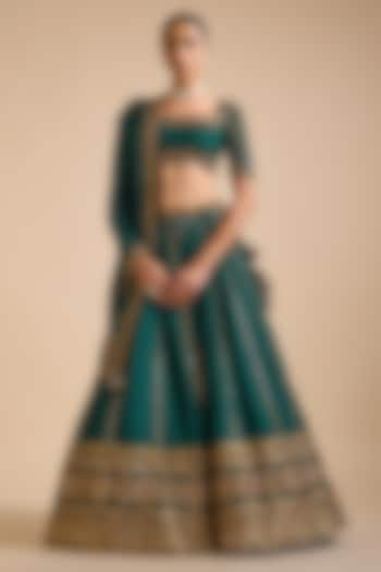 Bottle Green Blended Tussar Bridal Lehenga Set by Prevasu at Pernia's Pop Up Shop