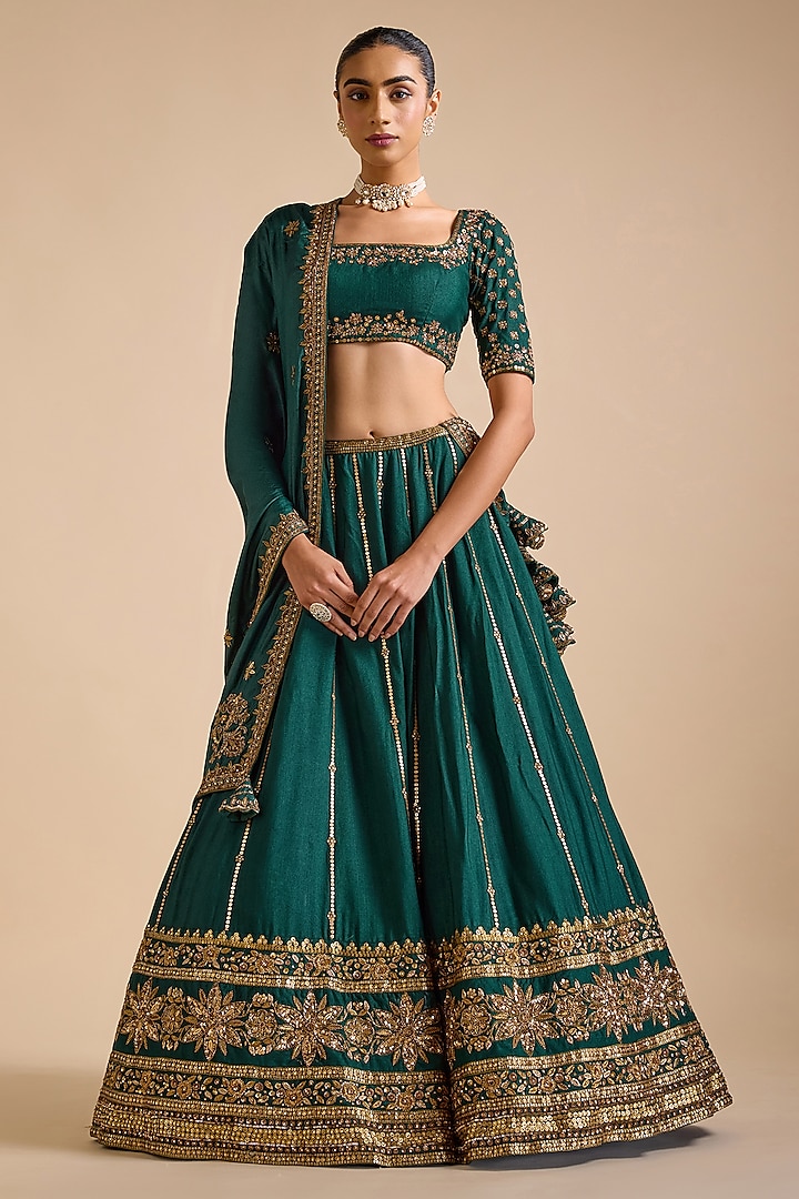 Bottle Green Blended Tussar Bridal Lehenga Set by Prevasu at Pernia's Pop Up Shop