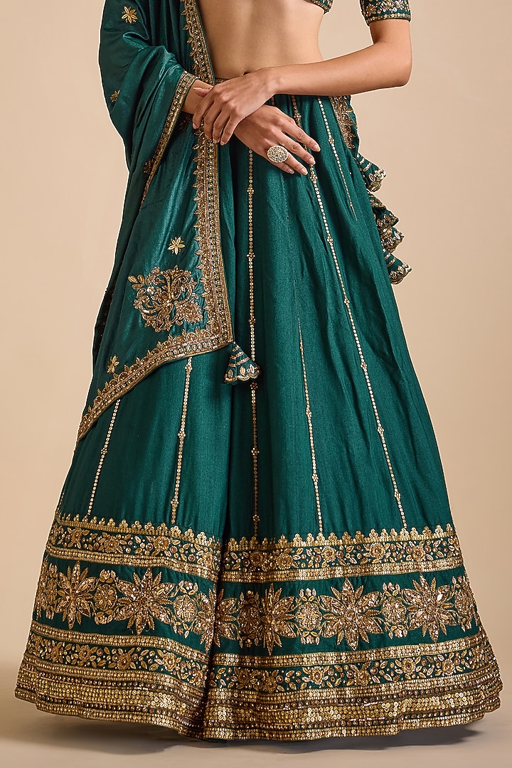 Bottle Green Blended Tussar Bridal Lehenga Set by Prevasu at Pernia's Pop Up Shop