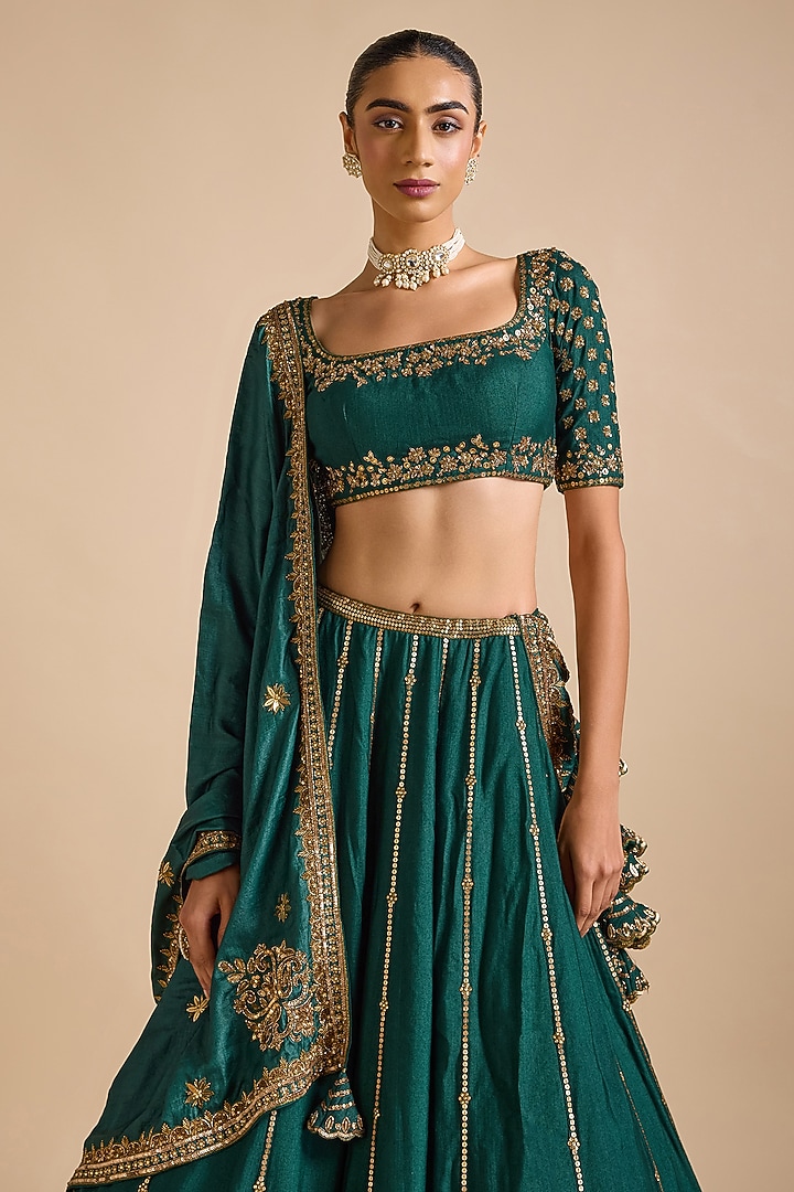 Bottle Green Blended Tussar Bridal Lehenga Set by Prevasu at Pernia's Pop Up Shop