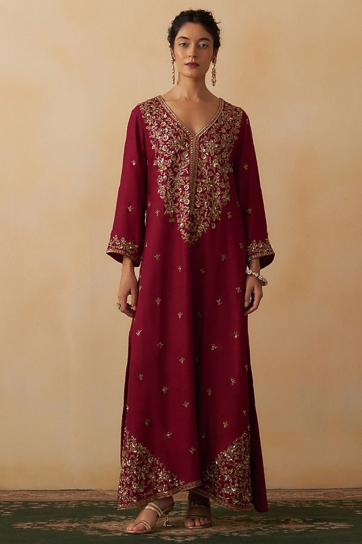 Maroon Silk Embroidered Kaftan Dress by Prevasu at Pernia's Pop Up Shop