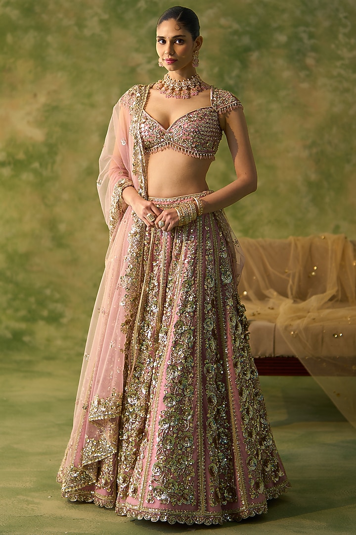 Soft Pink Net Zardosi Embroidered Bridal Lehenga Set by Prevasu at Pernia's Pop Up Shop