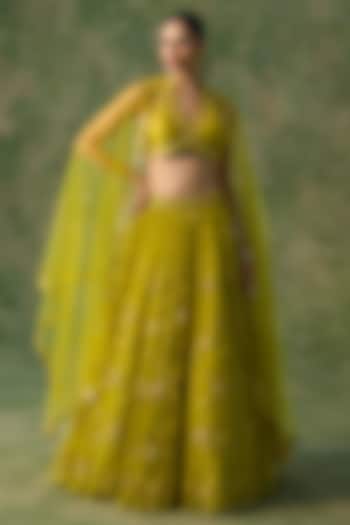 Yellow Net Floral Embroidered Bridal Lehenga Set by Prevasu at Pernia's Pop Up Shop
