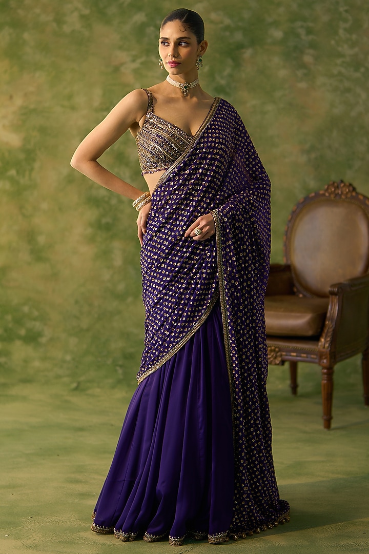 Purple Georgette Embellished Wedding Lehenga Saree Set by Prevasu at Pernia's Pop Up Shop