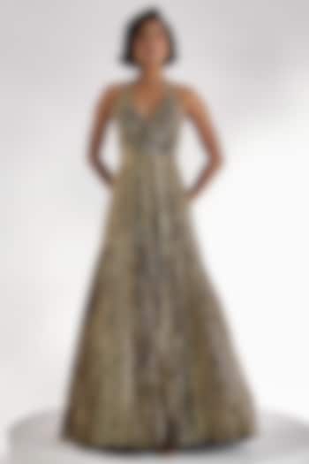 Brown Georgette Stripe Embroidered Halter-Neck Bridal Gown by Prevasu at Pernia's Pop Up Shop