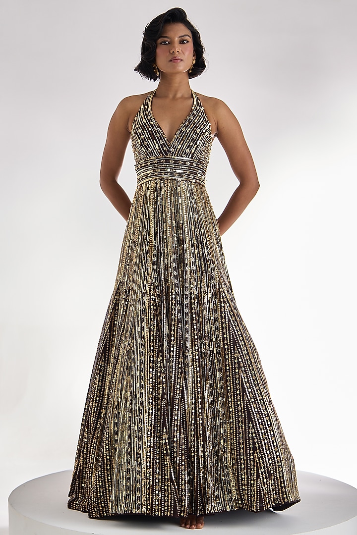 Brown Georgette Stripe Embroidered Halter-Neck Bridal Gown by Prevasu at Pernia's Pop Up Shop
