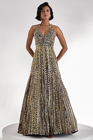 Brown Georgette Stripe Embroidered Halter-Neck Gown by Prevasu
