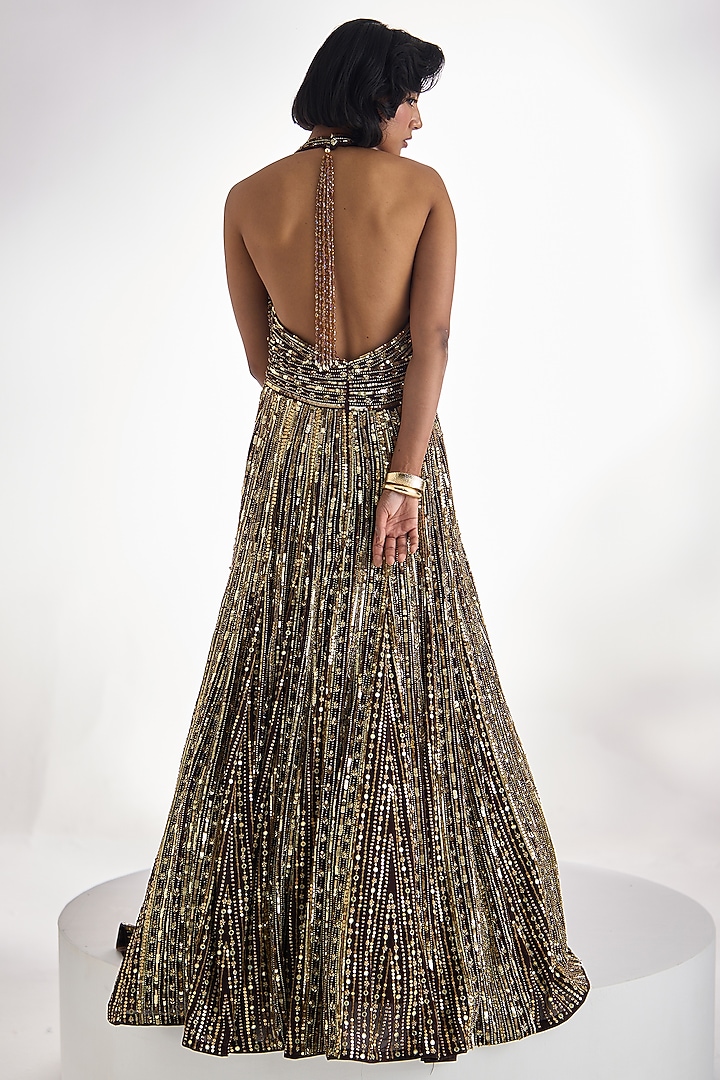 Brown Georgette Stripe Embroidered Halter-Neck Bridal Gown by Prevasu at Pernia's Pop Up Shop