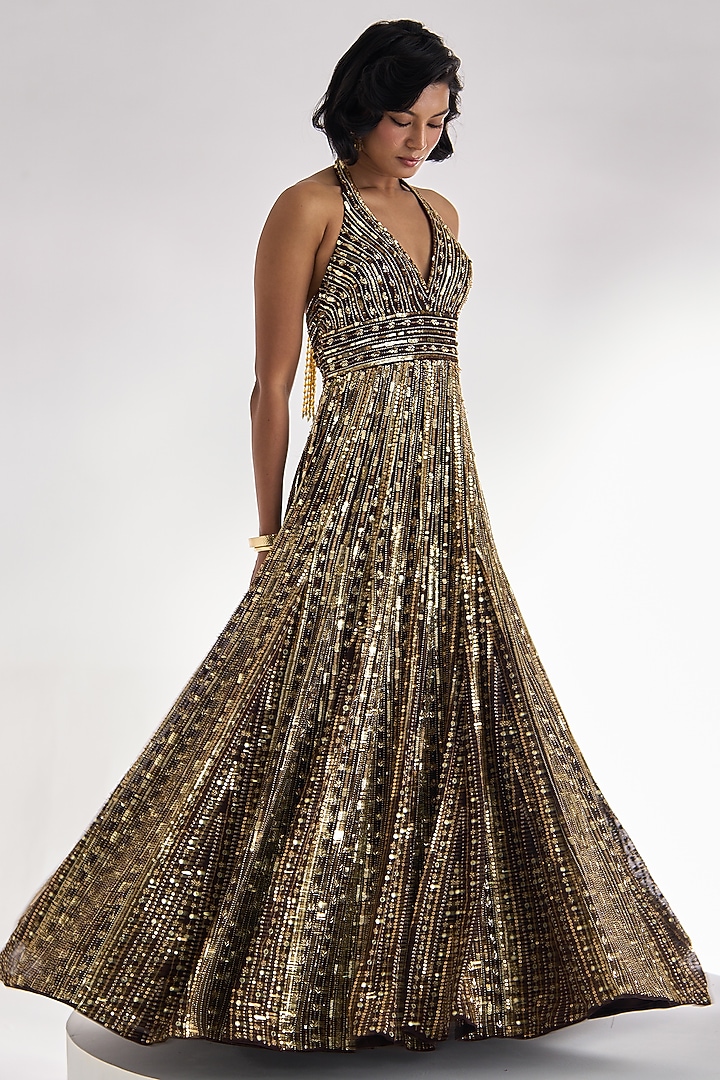 Brown Georgette Stripe Embroidered Halter-Neck Bridal Gown by Prevasu at Pernia's Pop Up Shop