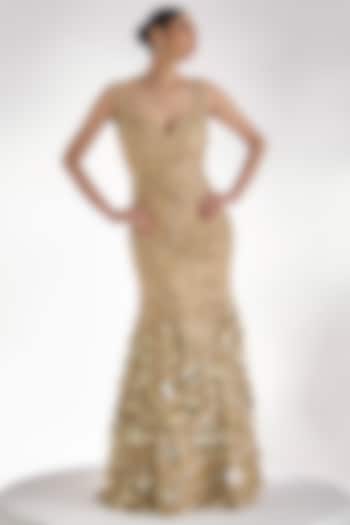Golden Georgette Sequins Embroidered Flared Wedding Gown by Prevasu at Pernia's Pop Up Shop