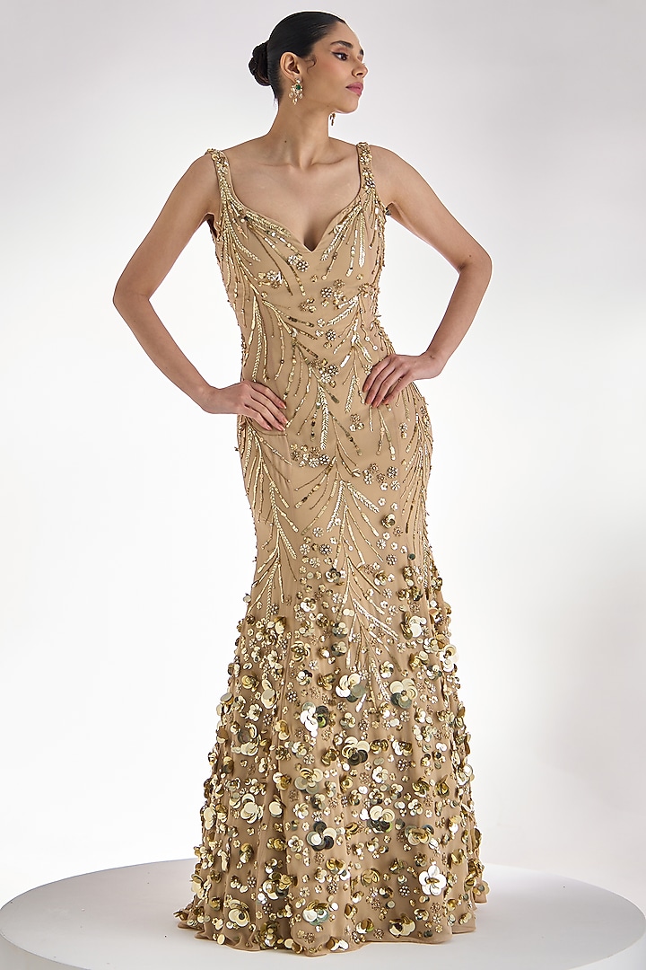 Golden Georgette Sequins Embroidered Flared Wedding Gown by Prevasu at Pernia's Pop Up Shop