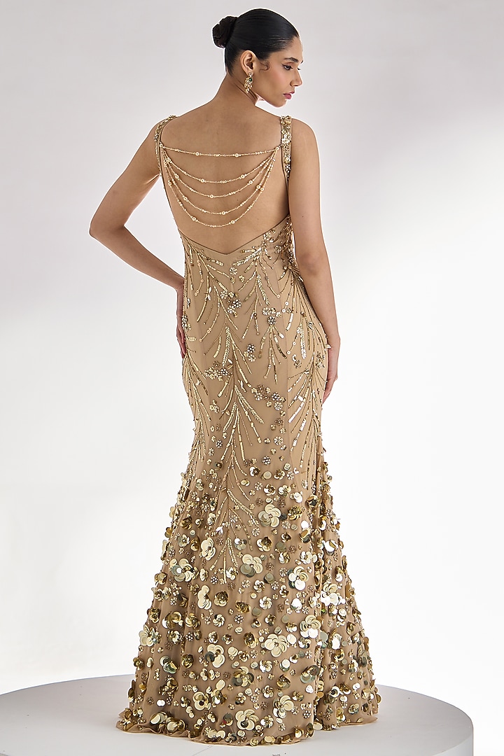 Golden Georgette Sequins Embroidered Flared Wedding Gown by Prevasu at Pernia's Pop Up Shop