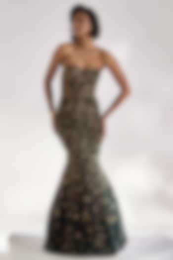 Teal Green Georgette Embellished Wedding Gown by Prevasu at Pernia's Pop Up Shop