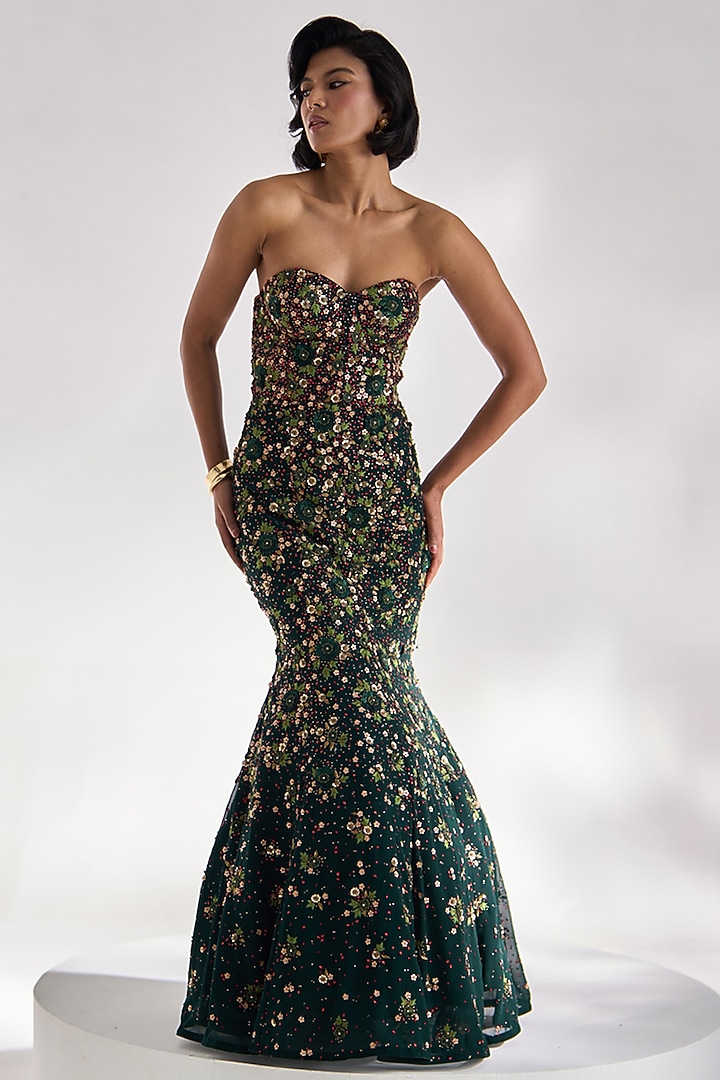 Teal Green Georgette Embellished Wedding Gown by Prevasu at Pernia's Pop Up Shop