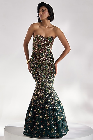 Teal Green Georgette Embellished Gown by Prevasu