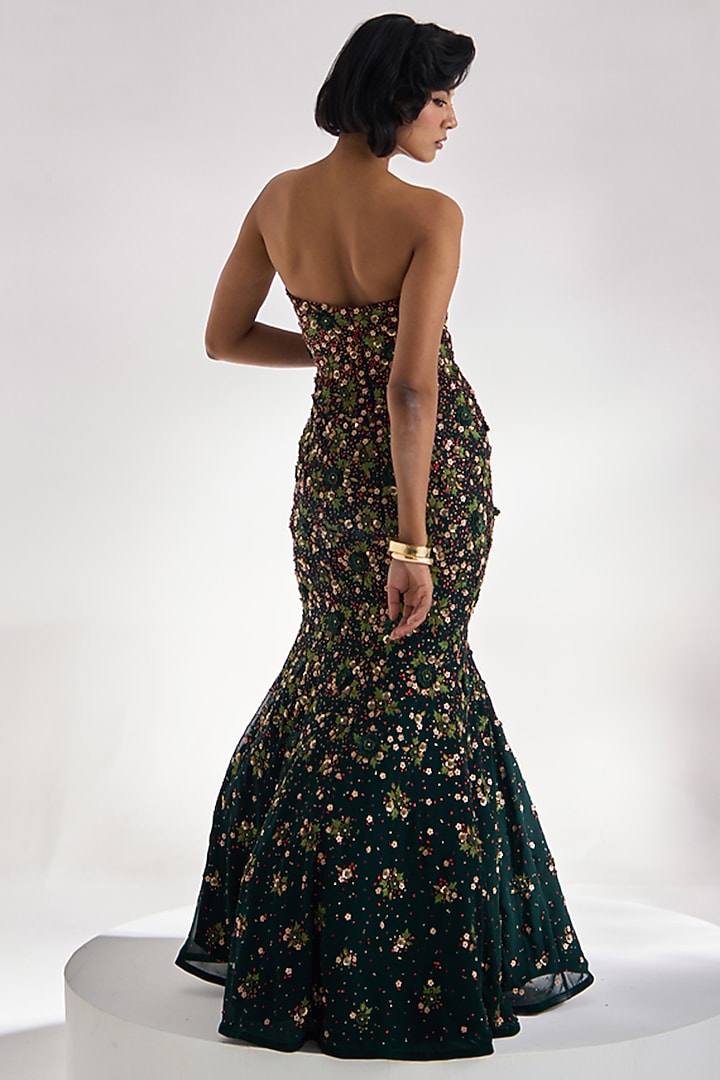 Teal Green Georgette Embellished Wedding Gown by Prevasu at Pernia's Pop Up Shop