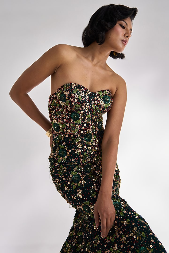 Teal Green Georgette Embellished Wedding Gown by Prevasu at Pernia's Pop Up Shop