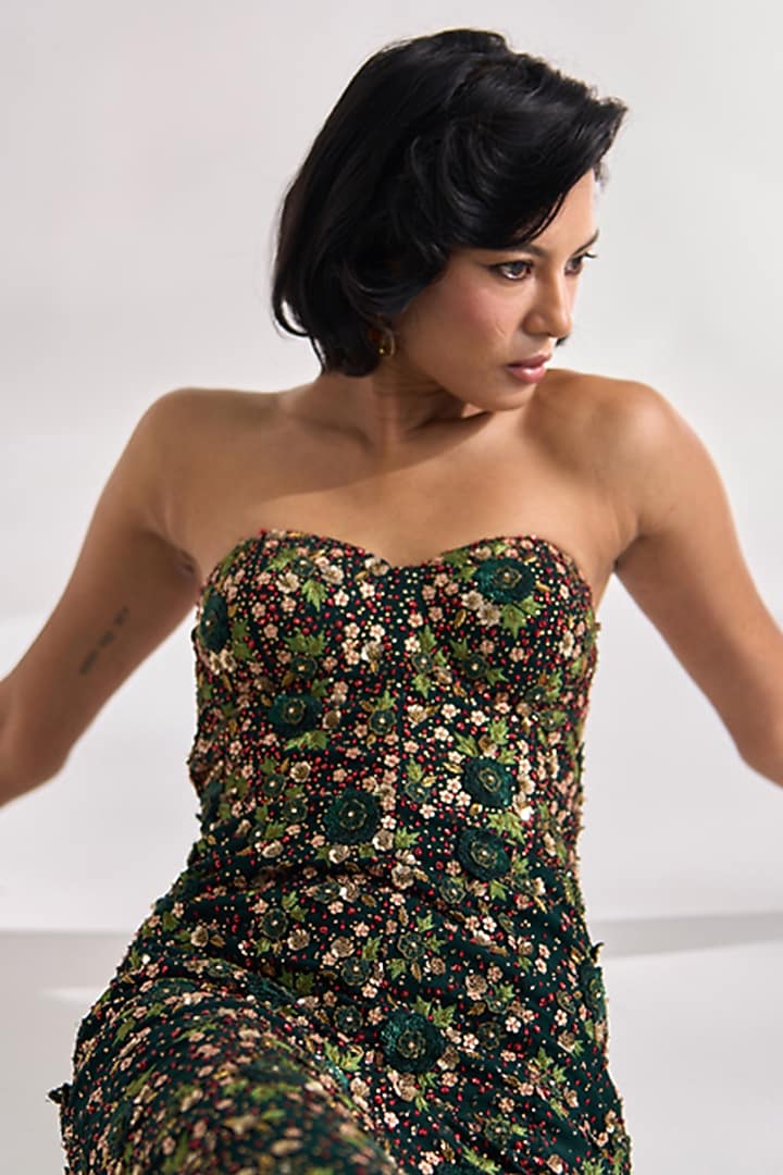 Teal Green Georgette Embellished Wedding Gown by Prevasu at Pernia's Pop Up Shop
