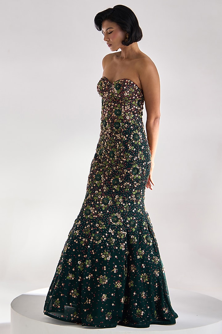 Teal Green Georgette Embellished Wedding Gown by Prevasu at Pernia's Pop Up Shop