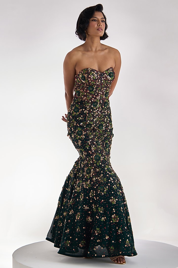 Teal Green Georgette Embellished Wedding Gown by Prevasu at Pernia's Pop Up Shop