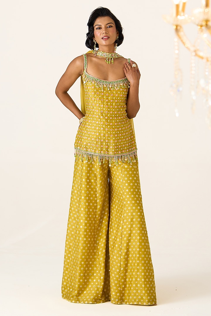 Yellow Chanderi Printed Wedding Sharara Set by Prevasu at Pernia's Pop Up Shop