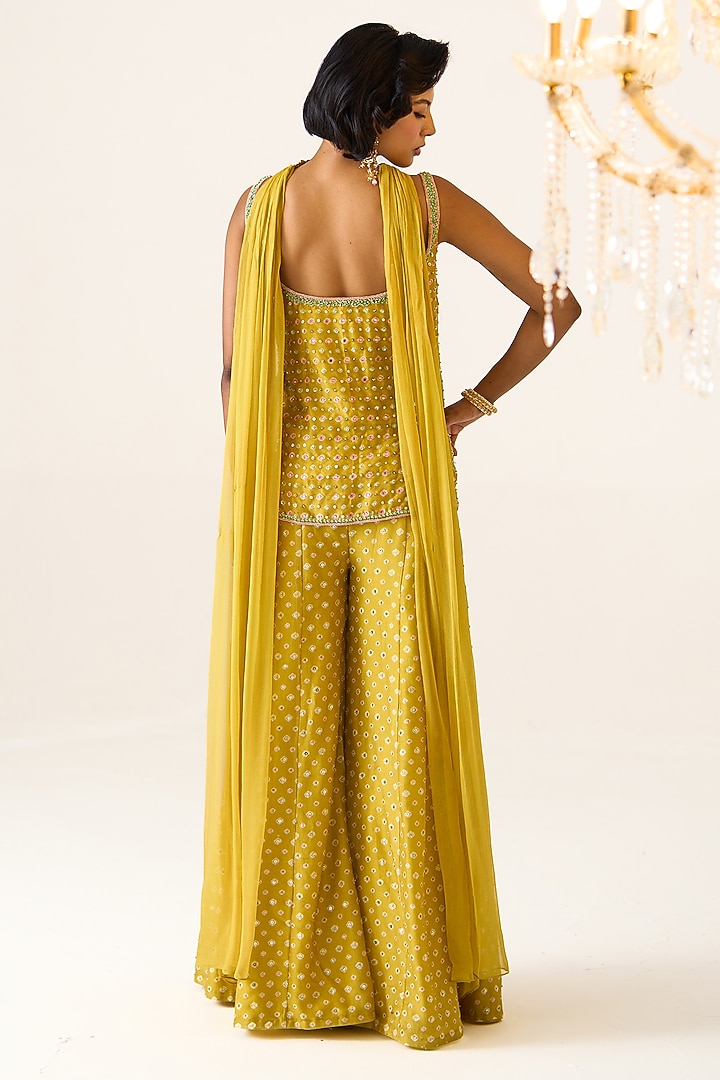 Yellow Chanderi Printed Wedding Sharara Set by Prevasu at Pernia's Pop Up Shop