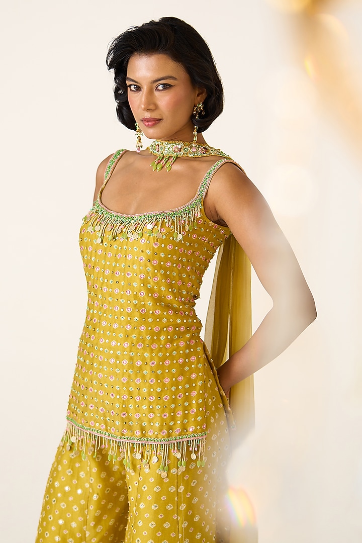 Yellow Chanderi Printed Wedding Sharara Set by Prevasu at Pernia's Pop Up Shop