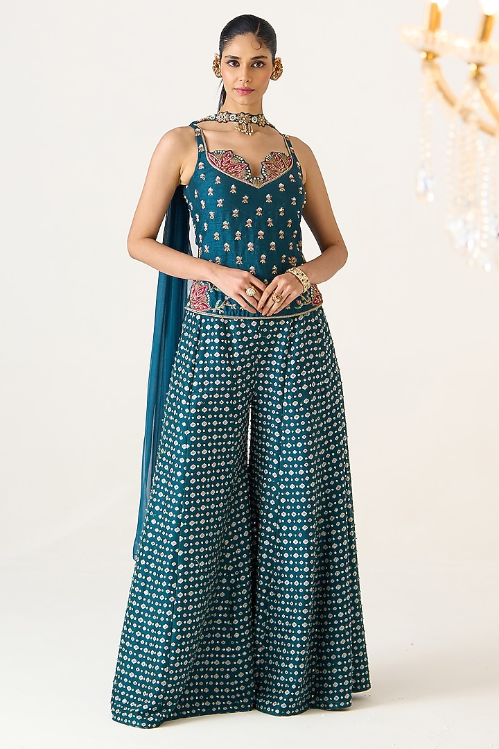 Teal Chanderi Printed Wedding Sharara Set by Prevasu at Pernia's Pop Up Shop