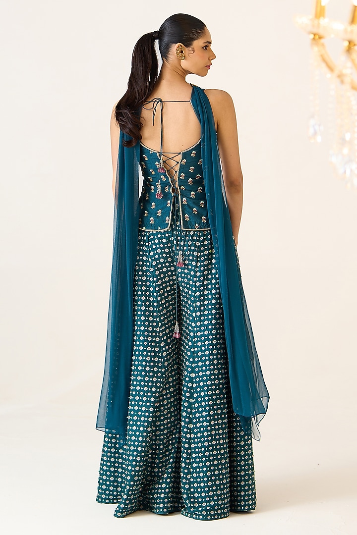 Teal Chanderi Printed Wedding Sharara Set by Prevasu at Pernia's Pop Up Shop