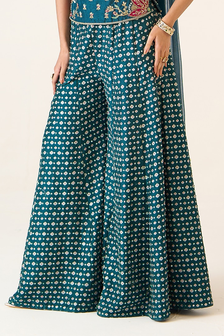 Teal Chanderi Printed Wedding Sharara Set by Prevasu at Pernia's Pop Up Shop