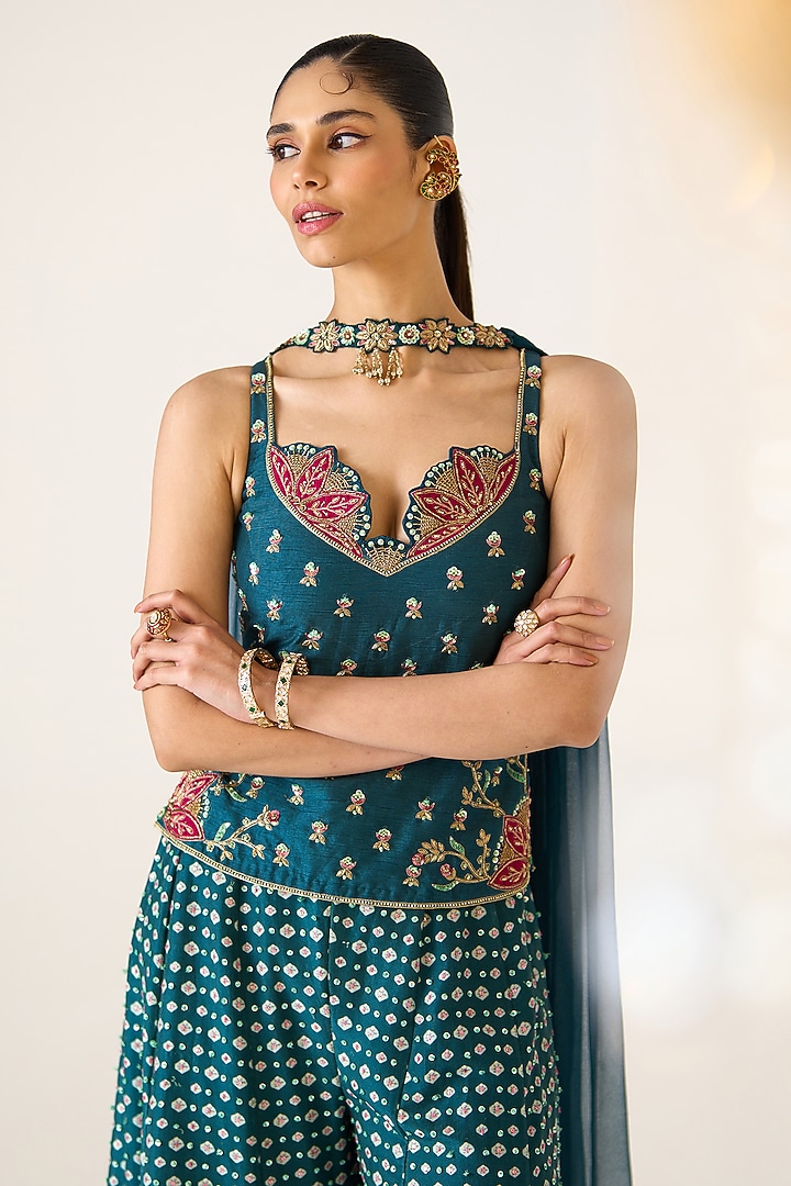 Teal Chanderi Printed Wedding Sharara Set by Prevasu at Pernia's Pop Up Shop