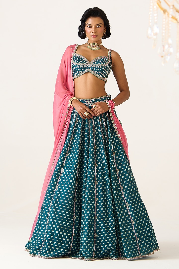 Teal Chanderi Printed & Embroidered Wedding Lehenga Set by Prevasu at Pernia's Pop Up Shop