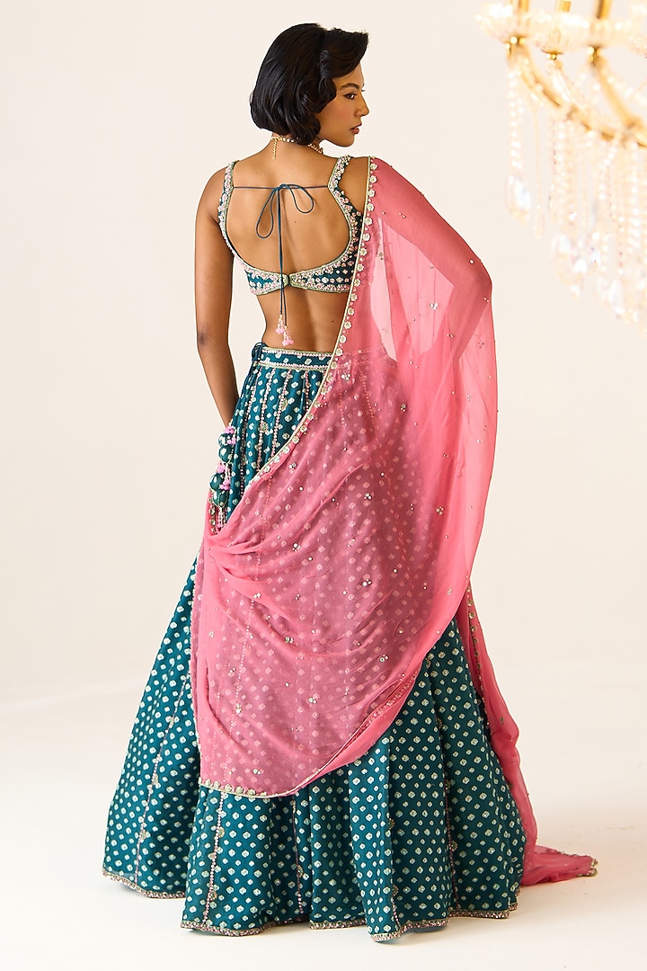 Teal Chanderi Printed & Embroidered Wedding Lehenga Set by Prevasu at Pernia's Pop Up Shop