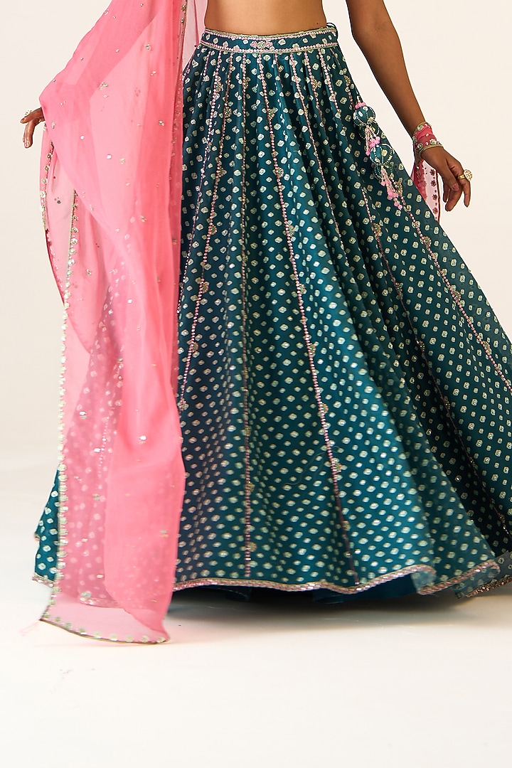 Teal Chanderi Printed & Embroidered Wedding Lehenga Set by Prevasu at Pernia's Pop Up Shop