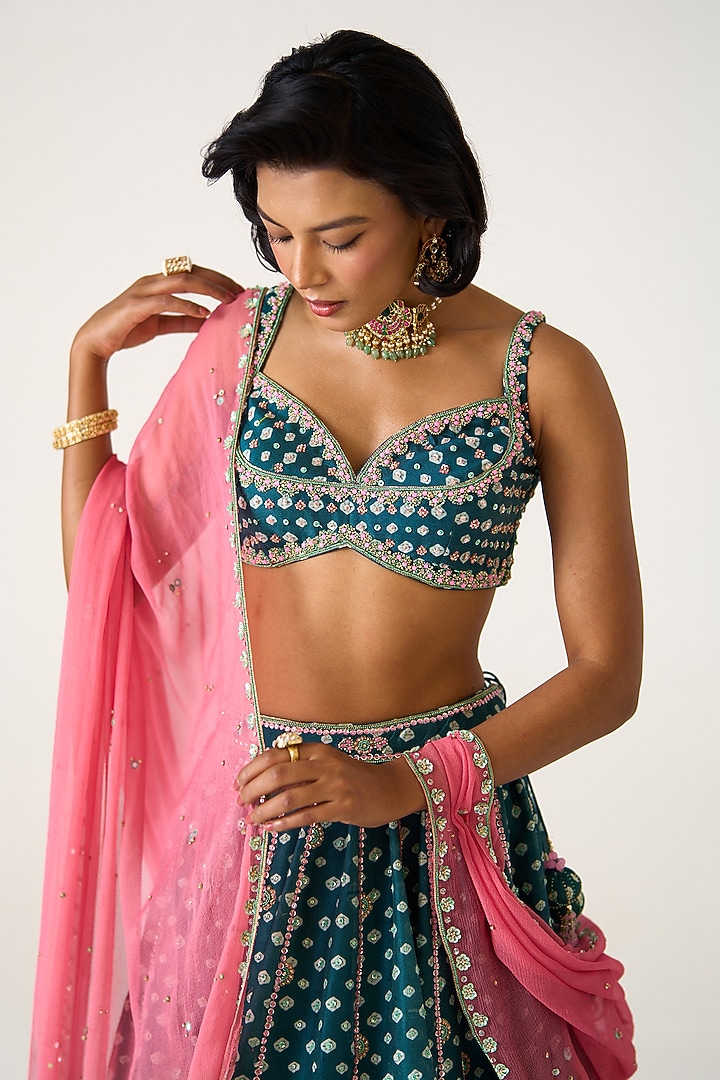 Teal Chanderi Printed & Embroidered Wedding Lehenga Set by Prevasu at Pernia's Pop Up Shop