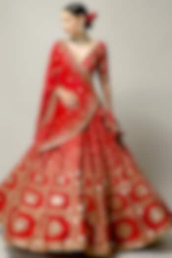 Red Embroidered Lehenga Set by Prevasu