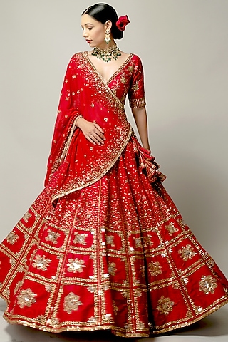 Red Embroidered Lehenga Set by Prevasu