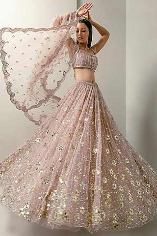 Lavender Embroidered Lehenga Set by Prevasu